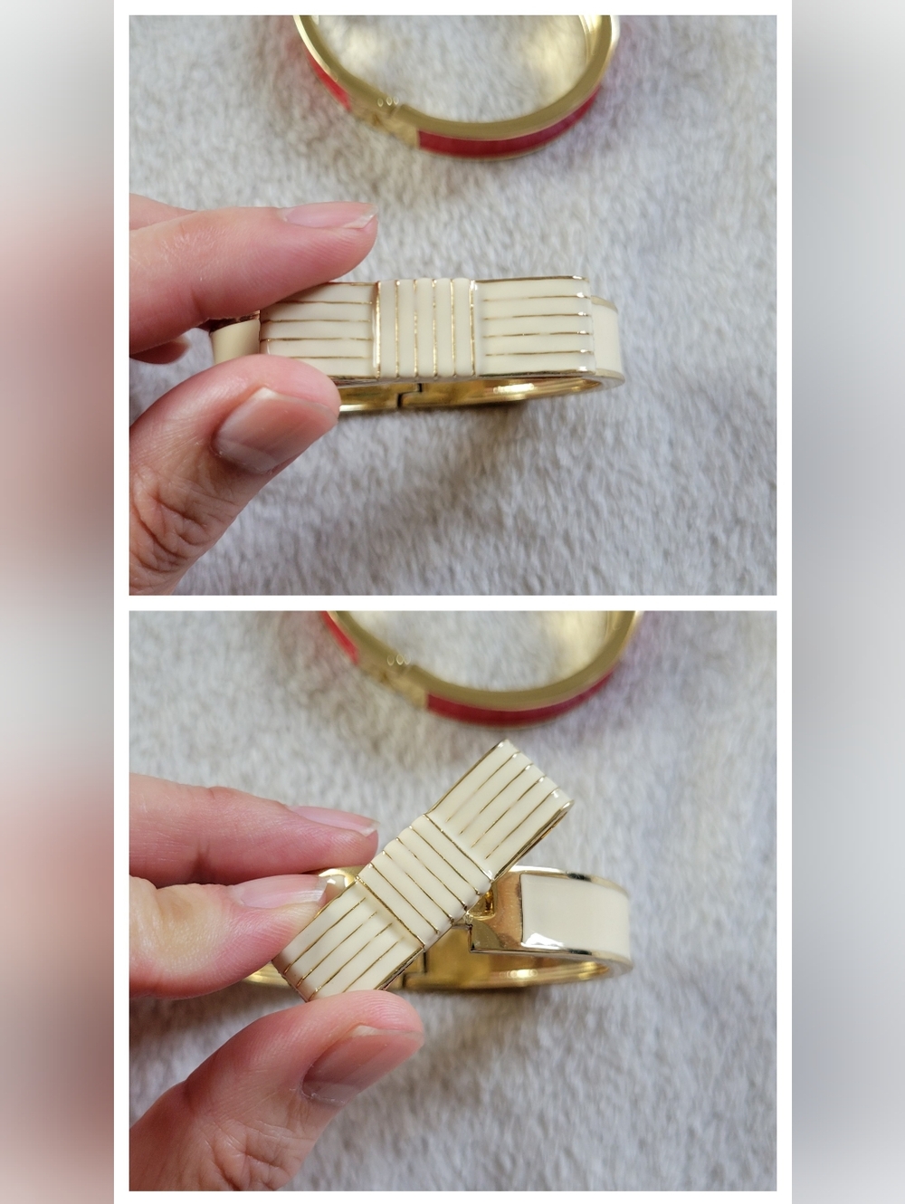 Stylish Gold Tone Red & Cream Enamel Bow Cuff Bracelet Bundle (2pc) - Picture 4 of 8